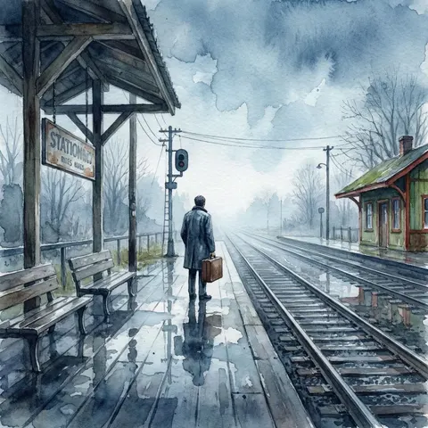 Rainy Train Station Watercolor