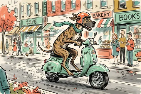 Sketchy Illustration of Dog on Scooter