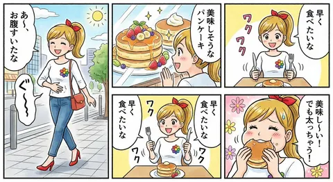 饥饿女子吃松饼的四格漫