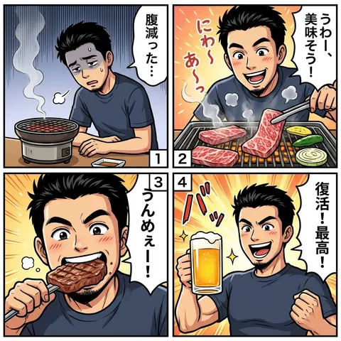Color comic of a character getting energized by barbecue
