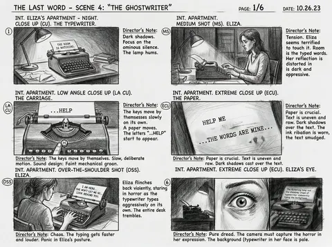 Six-Panel Cinematic Storyboard Sketch