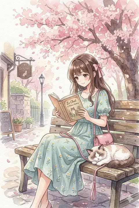 樱花下读水彩少女