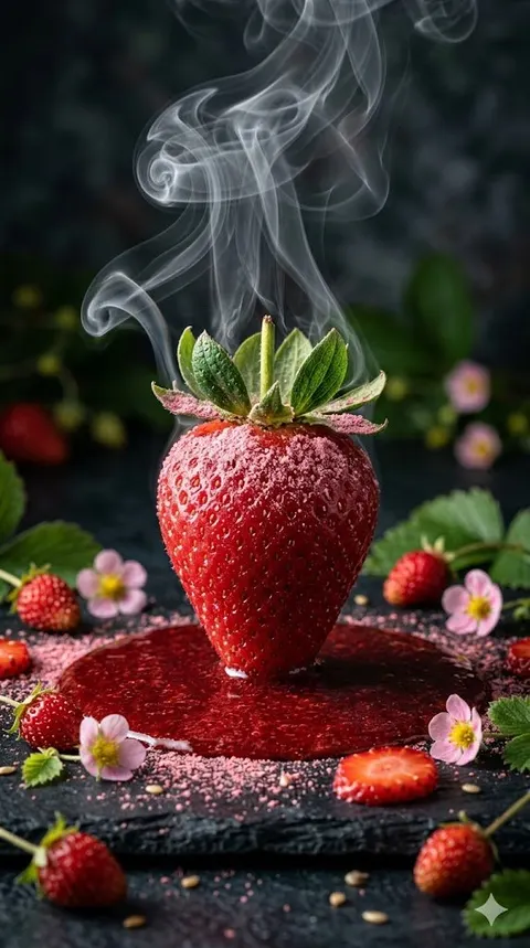 Cinematic Macro Photograph of a Strawberry in Syrup