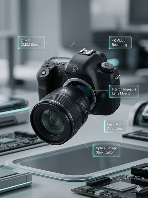 Deconstructed and Assembled M DSLR Camera Visualization