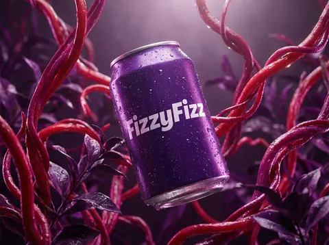 Surreal Product Shot Prompt: Purple Beverage Can with Organic Tendrils