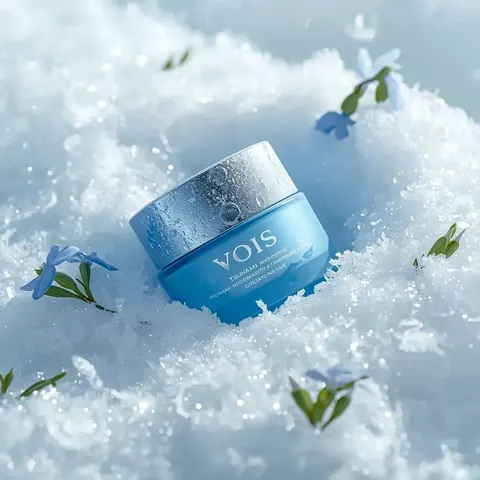 冰雪中蓝霜护肤品商业摄影提示词