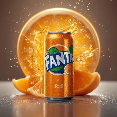 Hyper-realistic Fanta Orange Product Shot with Splash