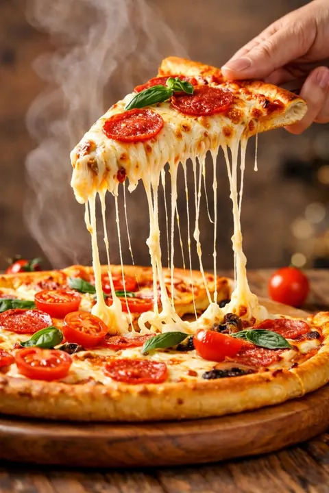Hyper-realistic close-up of a pepperoni pizza slice with dramatic cheese pull