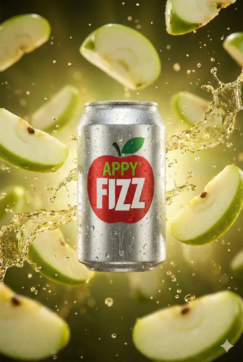 Hyper-realistic cinematic product shot of Appy Fizz can with exploding apple slices