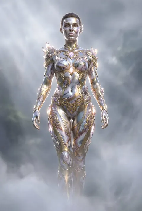 Cinematic fantasy silhouette art with metallic skin prompt