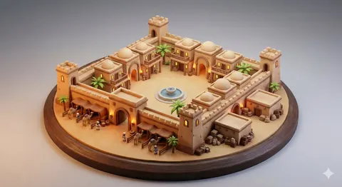 Whimsical Diorama of a Fortified Desert Caravanserai