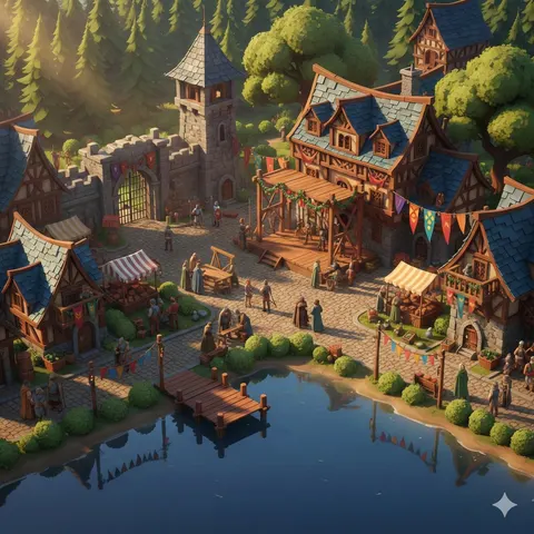 Cinematic Stylized Medieval Village Festival Scene