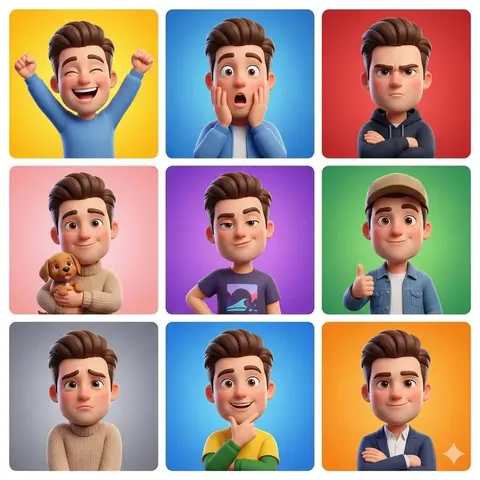 3D Cartoon Avatar Character Grid Prompt (Pixar Style)