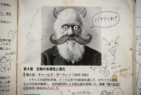 Middle schooler doodles on history textbook pages