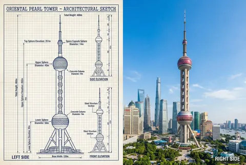东方明珠塔侧边建筑对比图