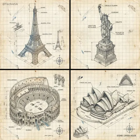 Hand-drawn isometric landmark schematic