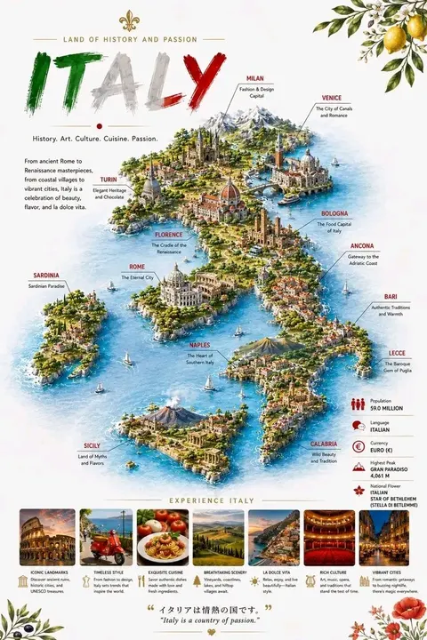 Detailed 3D Travel Infographic Map of Italy