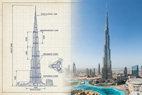 Burj Khalifa Technical Sketch and Real Photo Comparison