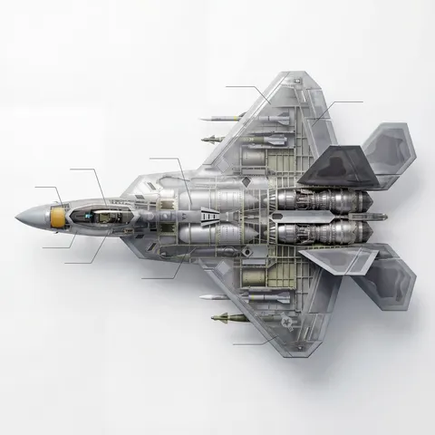 Cutaway infographic of a 5th generation stealth fighter jet