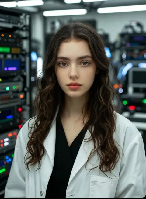 Photorealistic Scientist in Futuristic AI Lab