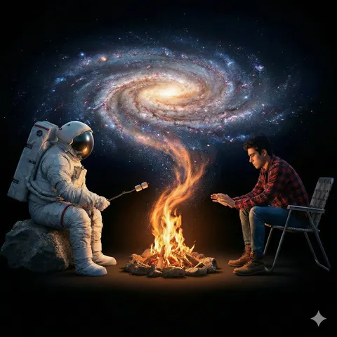 Surreal Cinematic Campfire in Cosmic Void