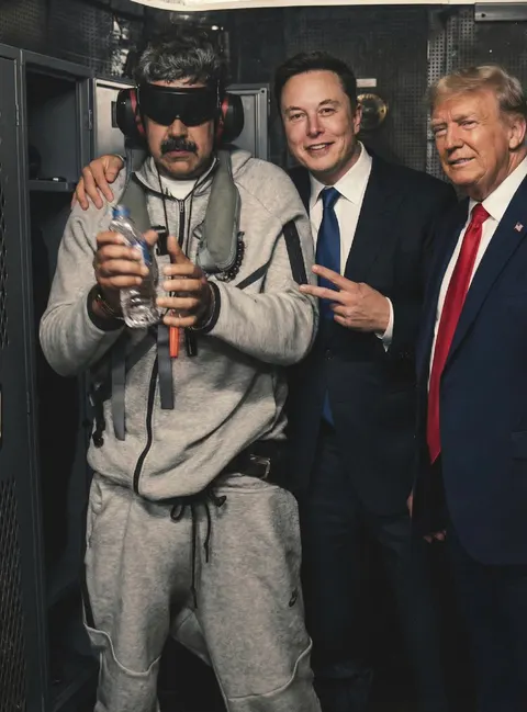 Humorous Portrait of Elon Musk, Donald Trump, and Venezuela President in Tactical Gear