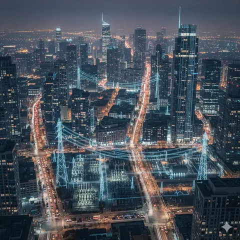 Cinematic Night City with Visible Power Grid