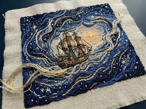 Tactile Embroidered Tapestry of a Ship in Nebulae