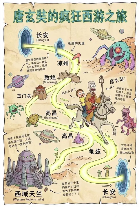 瑞克和莫蒂风格唐僧取经路线图