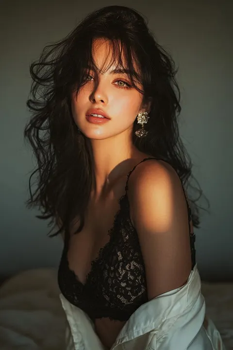 黑蕾丝裙女子黄金时刻肖像