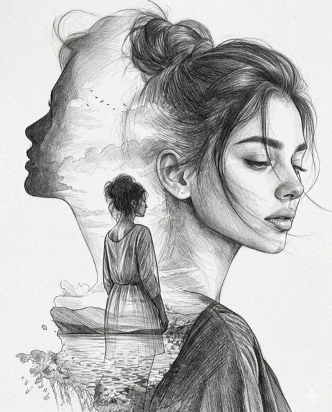 Double Exposure Pencil Sketch Portrait
