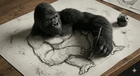 3D Gorilla Emerging from 2D Charcoal Sketch