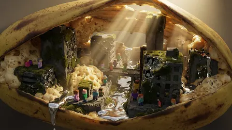 Nano-Scale Cityscape Inside a Banana Peel Prompt