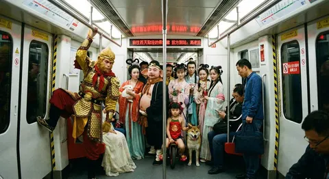 拥挤北京地铁里的神话人物场景