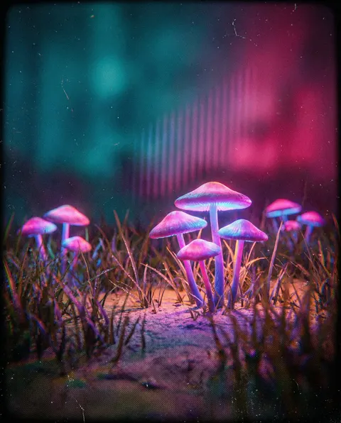 Bioluminescent Mushroom Cluster in Retro Sci-Fi Style