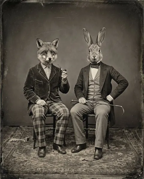 Vintage Sepia-Toned Portrait with Animal Heads