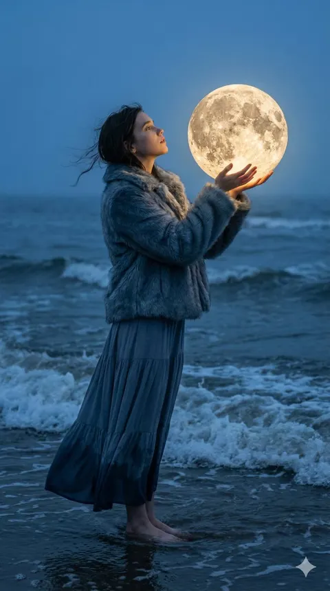 魔幻现实主义：暮色中女子持发光月球