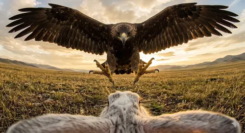 Ultra wide-angle cinematic photo of a rabbit and eagle