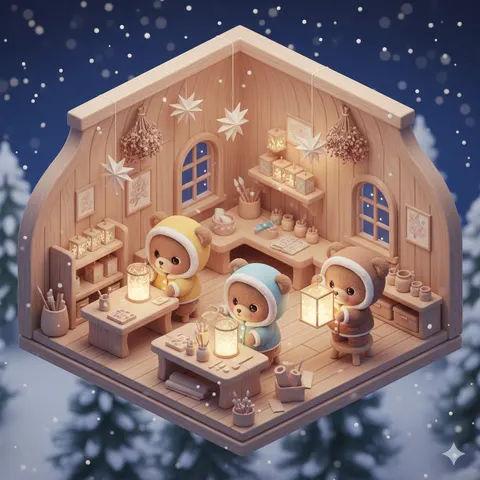 Isometric Kawaii Baby Bears Scene Prompt
