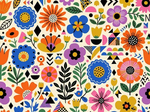 Vibrant Flat Illustration Pattern of Flowers and Shapes
