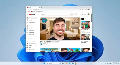 显示 MrBeast YouTube 视频的 Windows 11 桌面