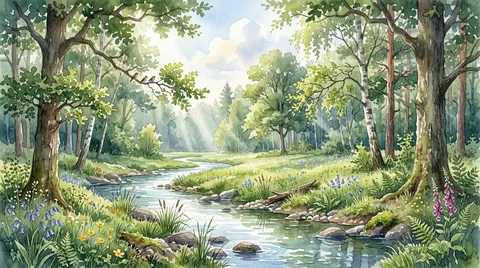 水彩森林溪流,通透光影微距