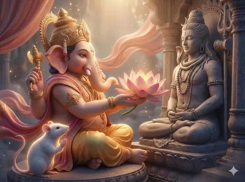 3D image generation prompt for God Ganesh worshipping God Mahadev
