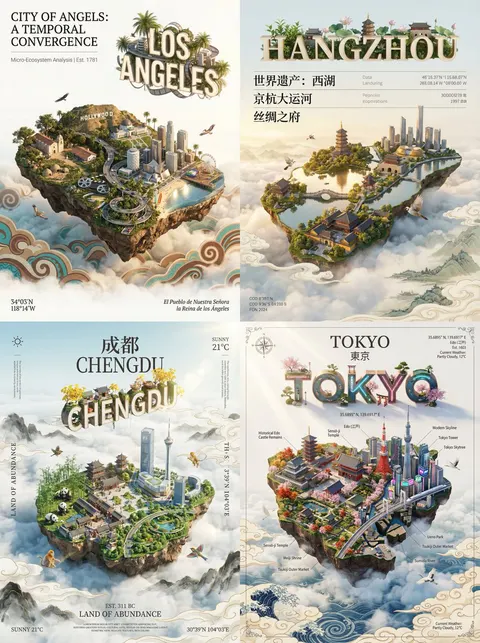 云端浮岛城市概念海报