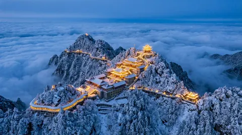 Spectacular Aerial View of Laojun Mountain Temple in Winter