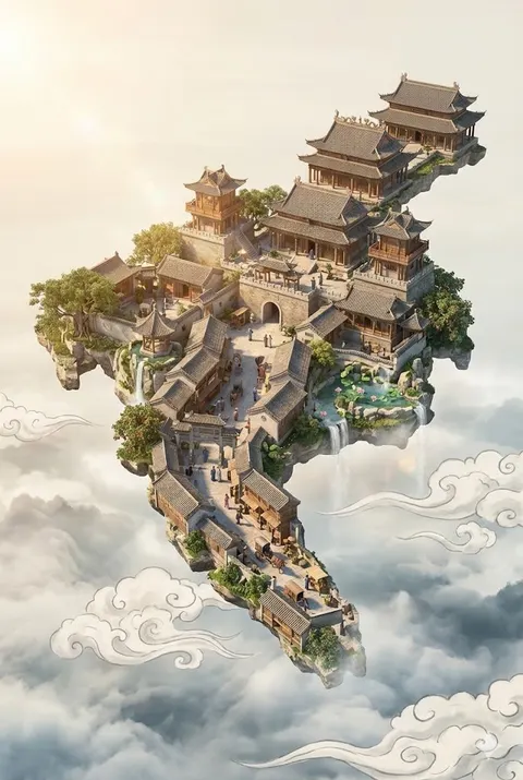 水墨国风浮空城堡主视觉海报