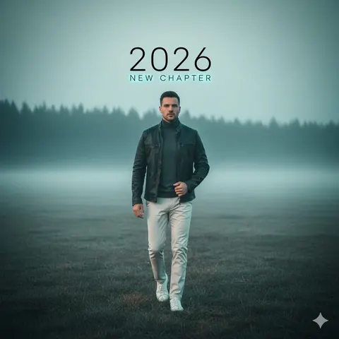 Cinematic Portrait: Man Walking in Foggy Meadow with Typography
