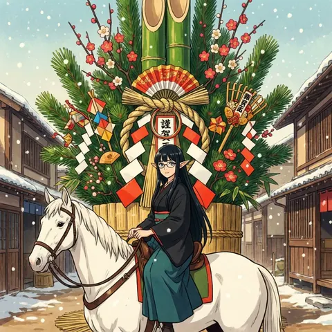 新年贺卡：黑发眼镜精灵穿和服