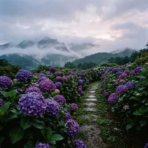 晨雾紫阳花花园风景照