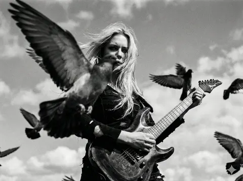 Cinematic Black and White Photo of Woman with Guitar and Pigeons